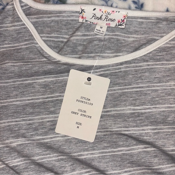 Pink Rose Gray White Striped T-Shirt Dress Size Small - Picture 3 of 5